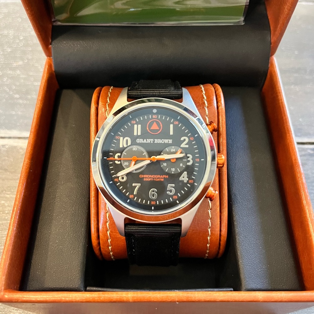 Grant Brown men’s watch black fabric & leather strap with orange details